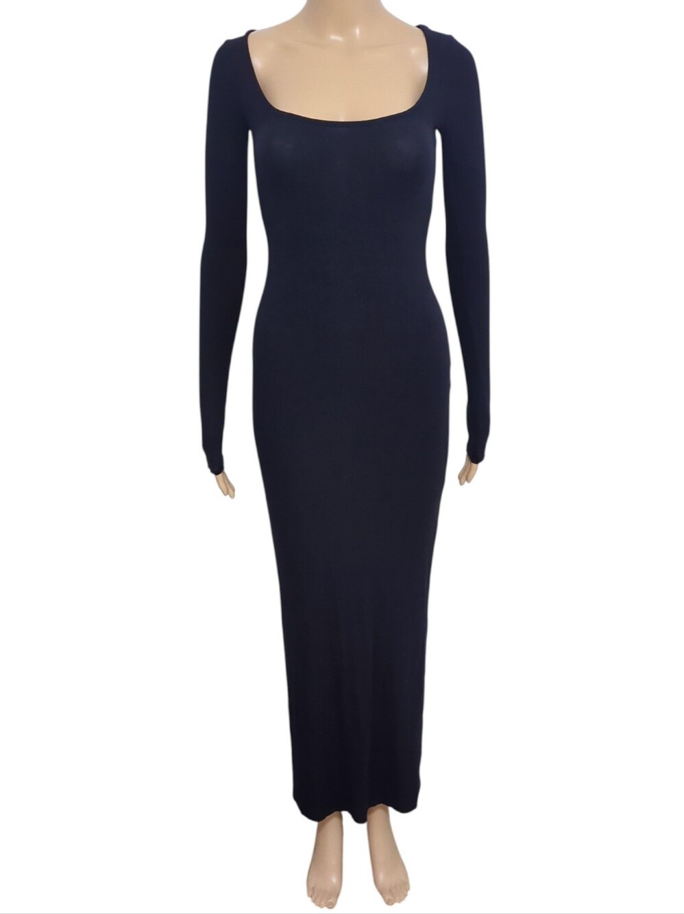SKIMS Soft Lounge Ribbed Maxi Dress Black XS Scoop Neck Long Sleeve - Picture 2 of 9